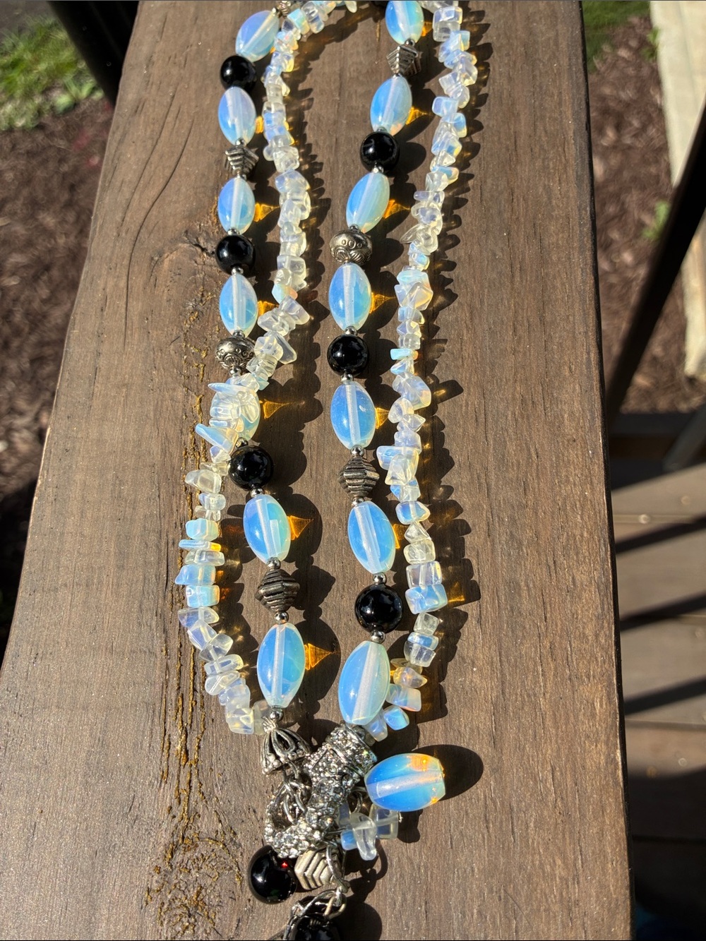 mine Iridescent Blue and Black Beaded Necklace